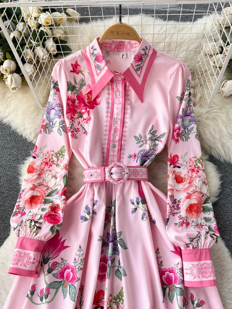 Dress Spring Autumn Long Sleeve Lapel Floral Print