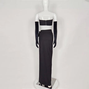 Dress Set Black Crop Top And Long Skirt With Diamonds