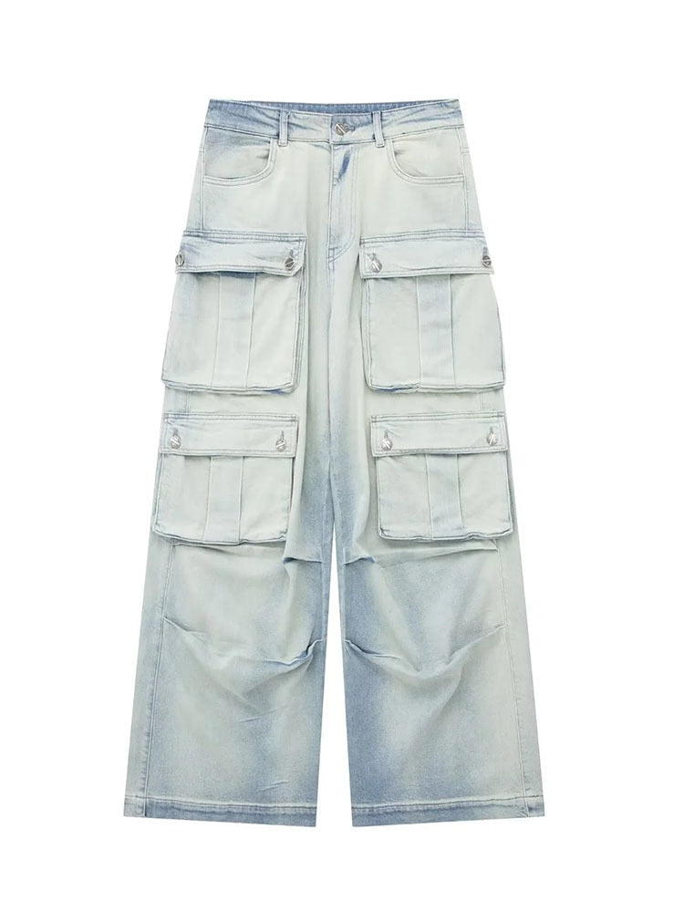 Cotton Jeans Loose Mid Waist Big Pockets Washed Straight
