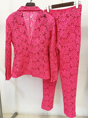 runway Suit Set Women's Single Button Guipure Lace Blazer Pencil Pants Suit 2pcs