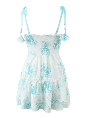 Boho Inspired blue floral straps party dress bow tied shoulder smocked bodice embroidery summer dress chic ladies mini dress