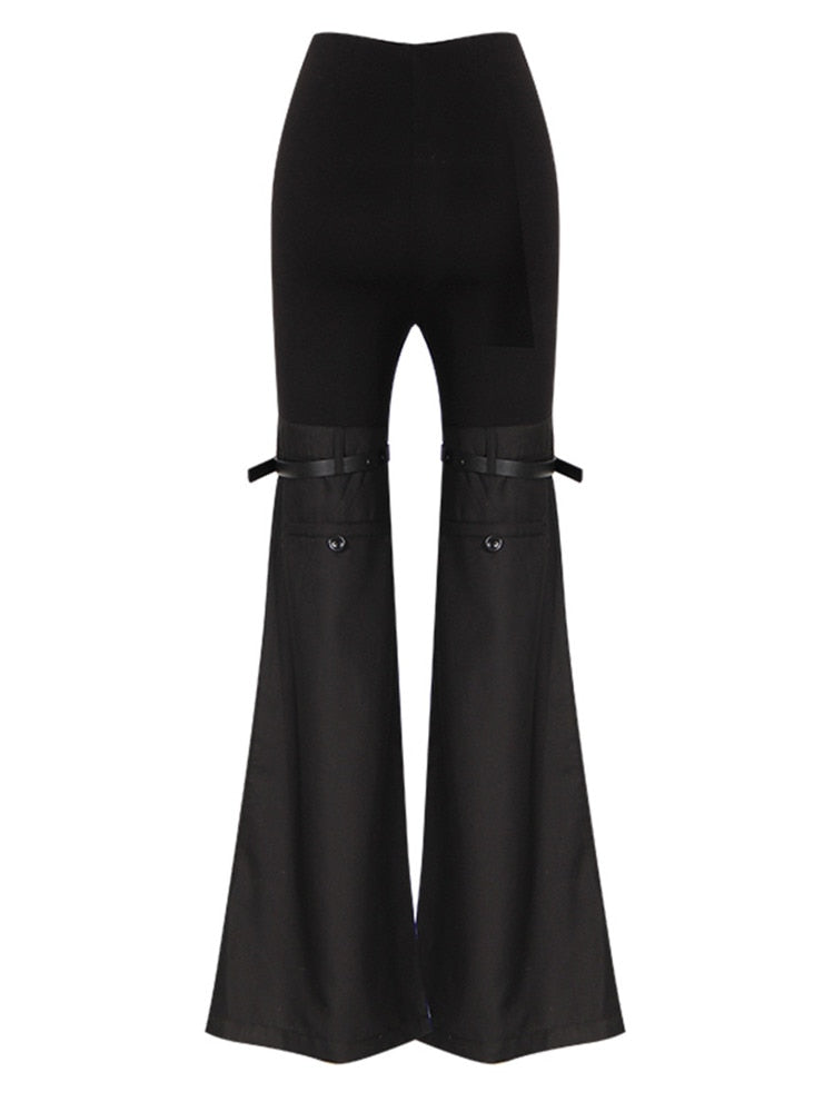 Strap Splited Medium Strecth Black Knit Pants