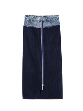 DEAT Fashion Women's Cotton Skirt Waist Denim Spliced Zipper Split Blue Wool Knit Mid-calf Skirts Autumn 2023 New Tide 29L2926