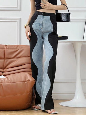 New High Waist Black Blue Wave Spliced Straight Tube Wide Leg Denim Pants Tide