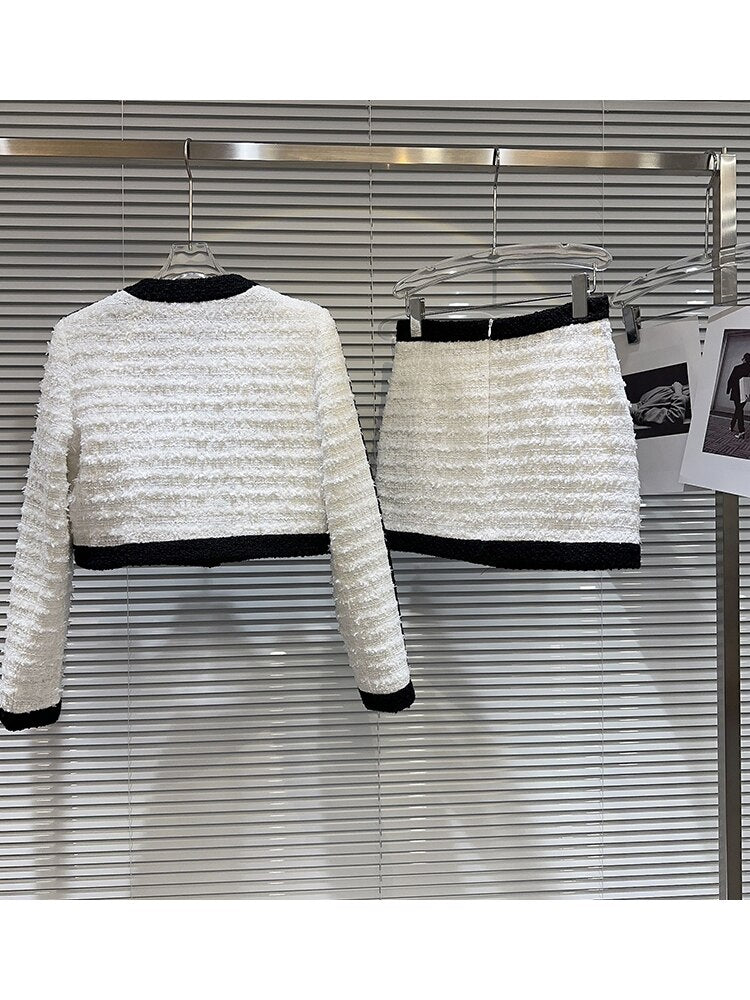 Set Women's Black White Contrasting Tweed Short Jacket Skirt Set