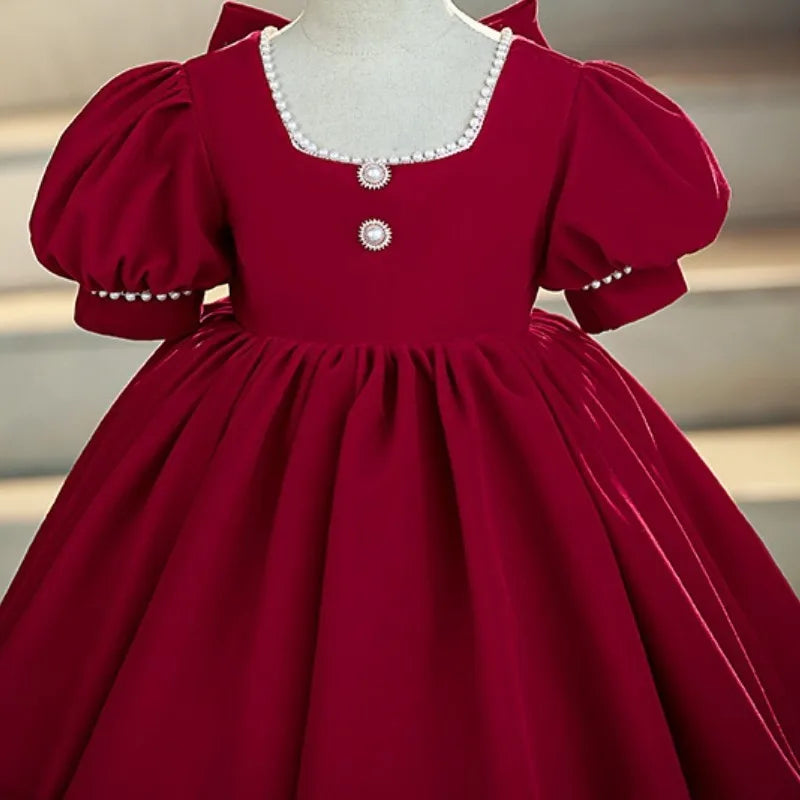 Velvet Pearl Beading Dress Puff Sleeve