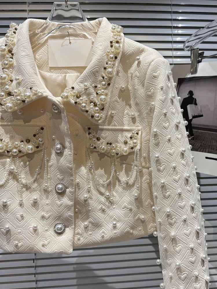 Designer Fashion Two Pieces Sets Women's Lovely Pearl  Beading Jacket Skirt Suit