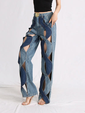 Hole Jeans High Waist Contract Color Zipper Flowers Decoration Full Length Pants
