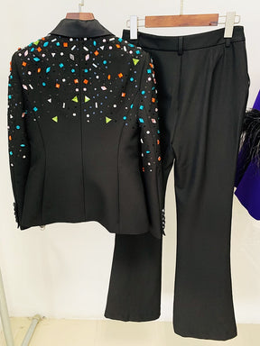 Runway Fashion Suit Set Women's Slim Fitting Strass Diamonds Beaded Blazer Pants Set