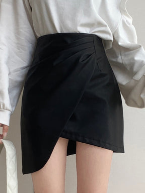 Leather Skirt High Waist Irregular Fold Casual A-line Hip Wrap Solid Color Skirt