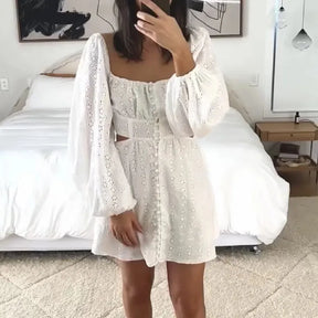 Hollow Out Embroidery White Cross Elastic Rope Backless Mini Dress BOHO