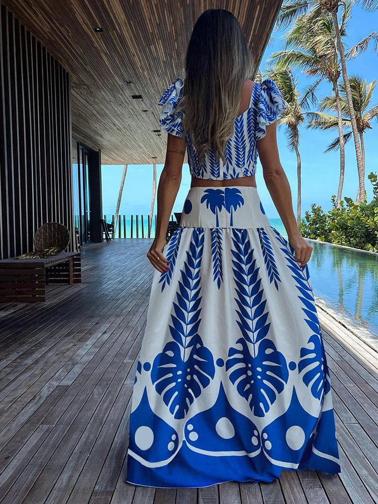 Two Pieces Beachwear Elegant Ruffles Sleeve Beach Dresses Leaf Print White Long Dress High Waist