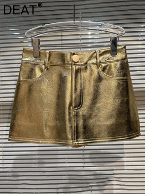 Leather Skirt Slim High Waist Zip Pockets Gold Glossy Pencil Skirts