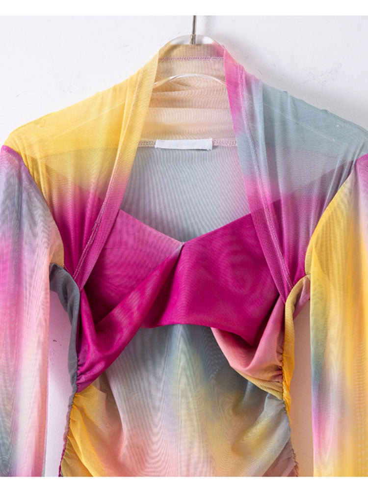 Designer Tops Women's Color Block Tie Dye  Mesh Long Sleeved V-Neck Pleated Slim Fitting Top