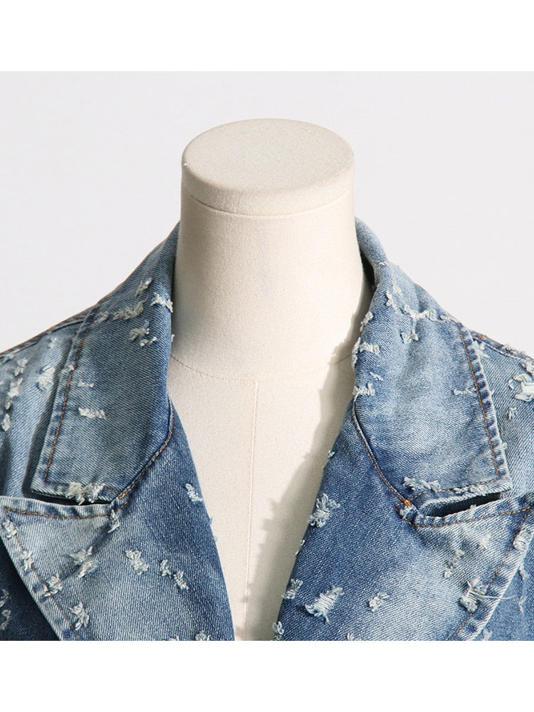 Fashion Designer Jacket Women's Perforated Wash  Loose Long Denim Blazer