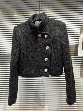 Designer Fashion Women Diagonal Button Shoulder Pad Woolen Stand Collar  Jacket