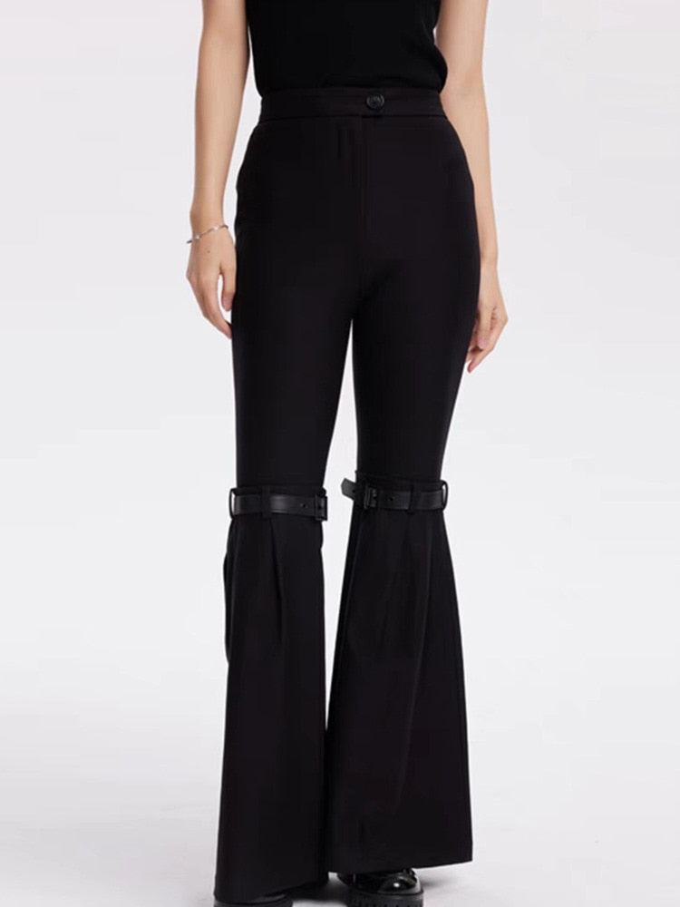 Strap Splited Medium Strecth Black Knit Pants