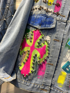 Hand-Painted Graffiti Beaded Lapel Long-Sleeved Denim Jacket Women's Fashion