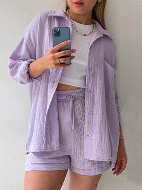 Summer Fashion Chic Pleated Lapel Shirts Sets Women Long Sleeve Blouses High Waist Shorts Sets