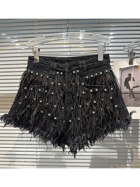 Runway Fashion Women'sWater Diamond Studded Bead Feather Tassel Denim Shorts
