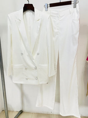 Runway Suit Set Women's Double Breasted Buttons Monogram Jacquard Thin Blazer Pants Suit 2pcs