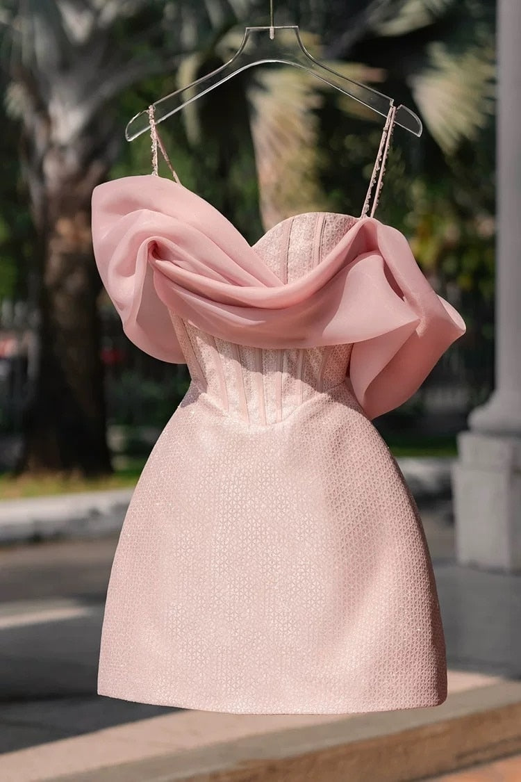 Dress Asymmetric Folds Slash Neck Sleeveless Pink Above Knee Waist