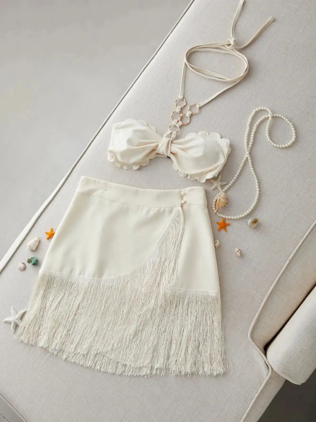 Two Piece Bikini Set Lace Bra Tassel Mini Skirt Suit Beach Vacation Casual Female Bathing Suit