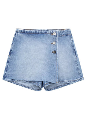 Denim Shorts Slim High Waits Single Breasted Washed A-line Blue Short Jeans