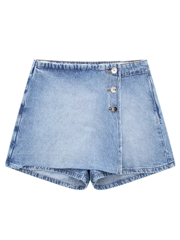 Denim Shorts Slim High Waits Single Breasted Washed A-line Blue Short Jeans