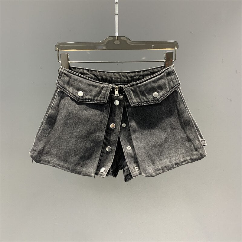 Denim Mini Skirt Big Pockets Single Breasted Spliced A-line Solid Color Short Skirts