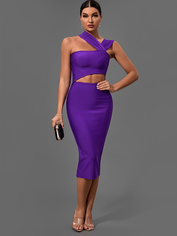 Purple Bodycon Dress Evening Party Elegant Sexy Cut Out Midi