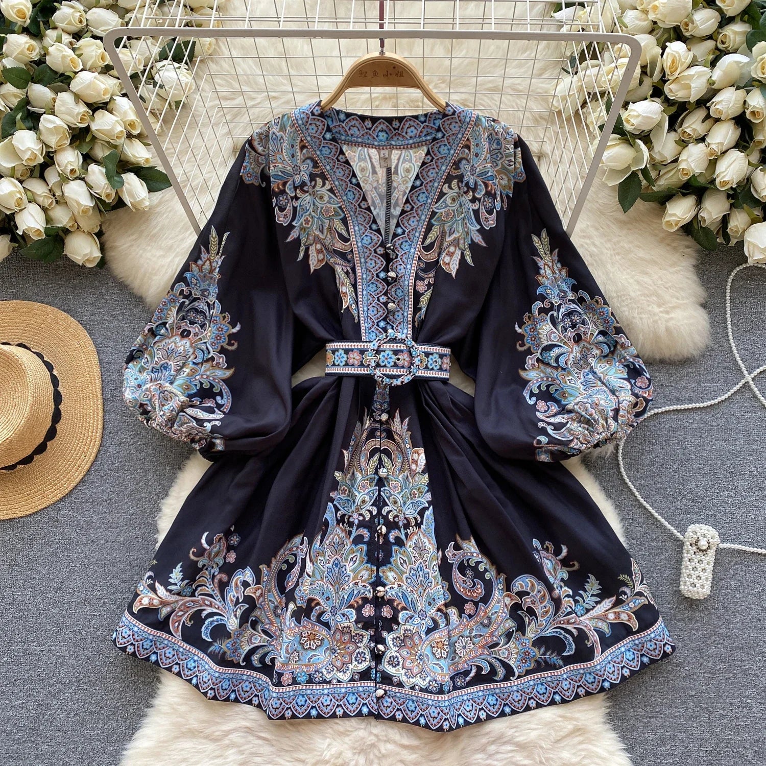 French Print V-neck Belt Puff Sleeve Long Sleeve Single Breasted Dress A-line Casual Women Fashion