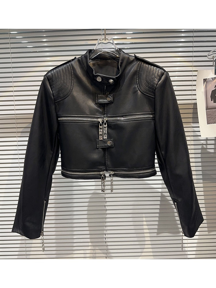 Designer Fashion Women' Zipper Standing Beck Motorcycle Leather Jacket