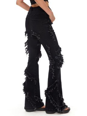 Women's Jeans Hight Waist Tassel Pockets Black Denim Spliced Denim Flare Pants Retro