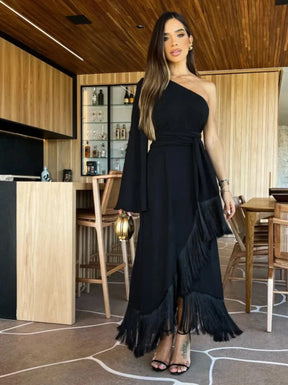 New Solid  Women's One-Shoulder Sexy Lady Long Skirt Slit Ruffled Tassel Swing Evening Dress