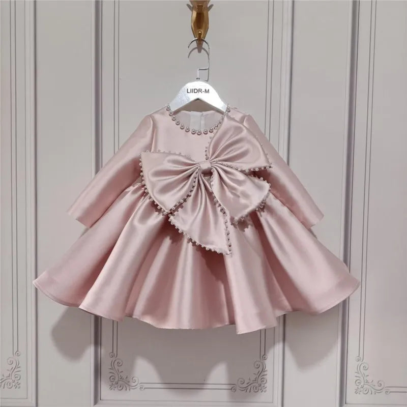 Silk Pearl Dress Long Sleeve Infant Toddler Child Vintage Bow
