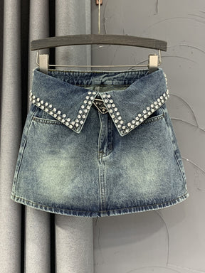 Denim Skirt High Waist Lapel Pockets Distressed Rhinestone A-line Short Skirts