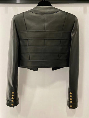 Designer Jacket Women's Faux Leather Patchwork Lion Buttons Trimmer Jacket