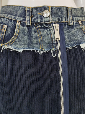 DEAT Fashion Women's Cotton Skirt Waist Denim Spliced Zipper Split Blue Wool Knit Mid-calf Skirts Autumn 2023 New Tide 29L2926