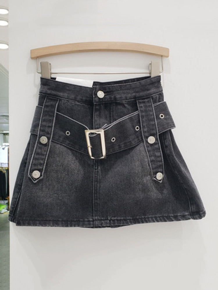 Women's Denim Skirt Metal Buckle Belt High Waist Solid Color A-line Mini Hip Wrap Skirts