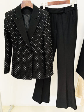 Designer Runway Suit Set Women's Slim Fitting Diamonds Blazer Flare Pants Suit 2pcs
