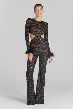 Jumpsuits Black Sequins Party Wear Long Sleeves With Feather