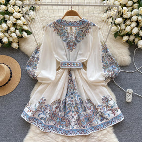 French Print V-neck Belt Puff Sleeve Long Sleeve Single Breasted Dress A-line Casual Women Fashion