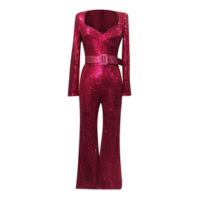 Elegant Jumpsuit Women New Fashion Sequins Belt Glitter Slim Long Sleeve Female