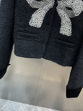 Designer Fashion Women Velvet Lapel Long Sleeved Diamond Studded Bow Tweed Jacket