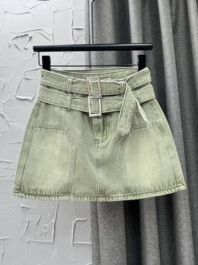 Fashion Women's Denim Skirt Metal Buckle Double Belt High Waist Yellow Streetwear Mini Skirts