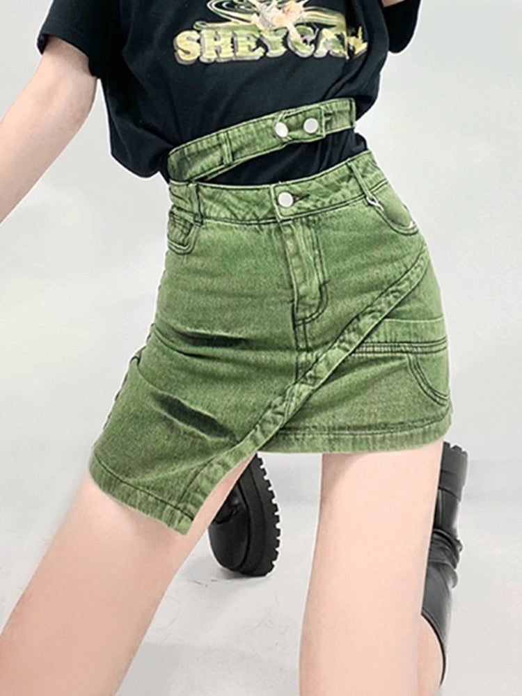 Women's Skirt High Waist Patchwork Irregular Mini Above Knee Tie-dyed Green Denim Skirts