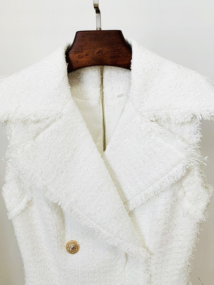 Fall Winter Designer Fashion Women Sleeveless Fringed Tweed Notched Lapel Asymmetrical Dress