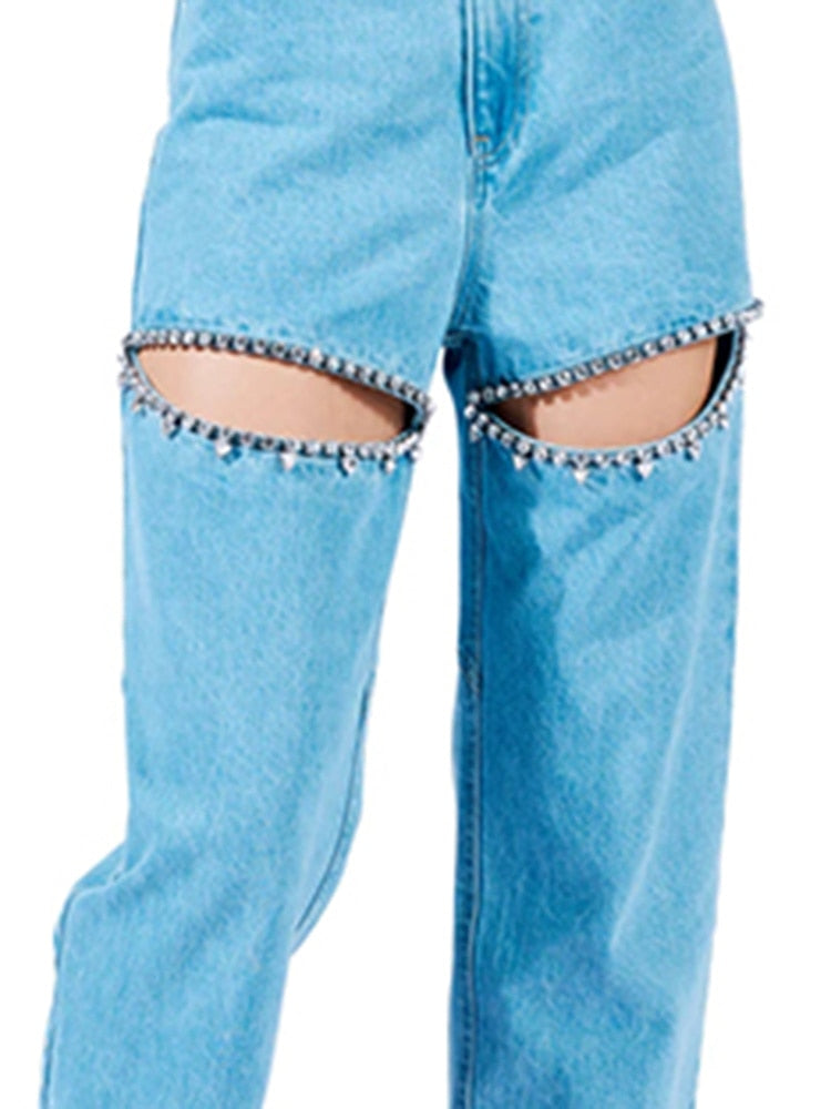 High Waist Loose Hollow Out Diamonds Heart Blue Denim Ankle-Length