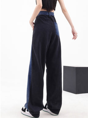 Women Jeans High Waist Contrast Color Patchwork Loose Straight Streetwear Denim